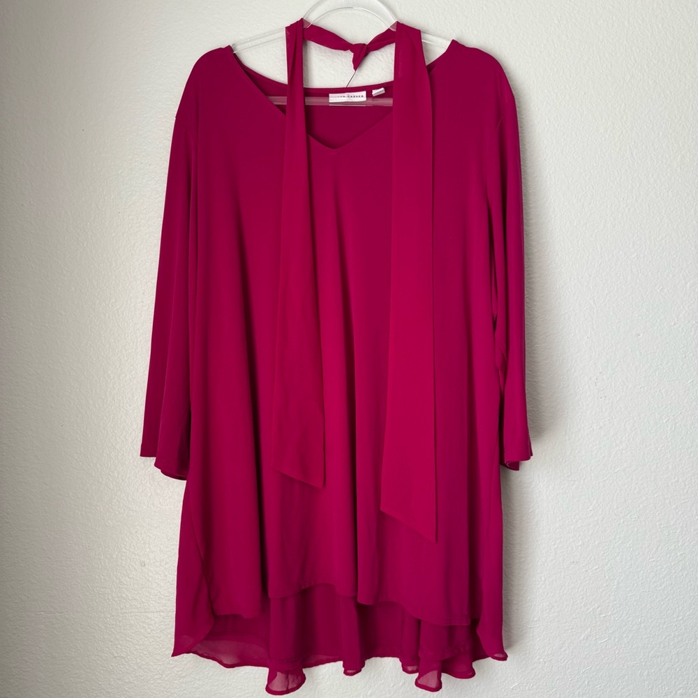 Susan Graver Pink Magenta Neck TienLiquid Knit 2X Elegant Blouse Career Flowy
